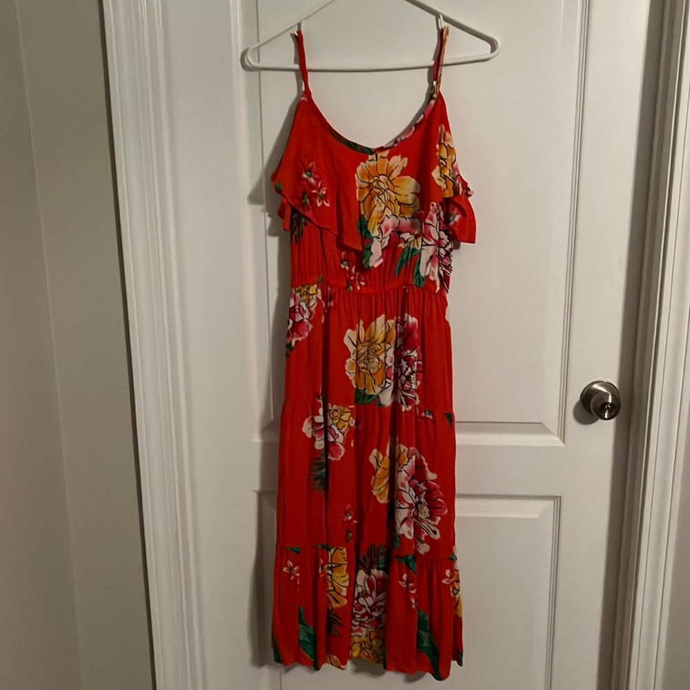 Red Floral Cold Shoulder Dress